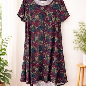 LuLaRoe Carly Dress Women’s Medium Floral Purple Green Blue Swing Short Sleeve